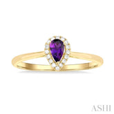 5x3 MM Pear Shape Amethyst and 1/20 Ctw Single Cut Diamond Halo Semi-Precious Ring in 10K Yellow Gold